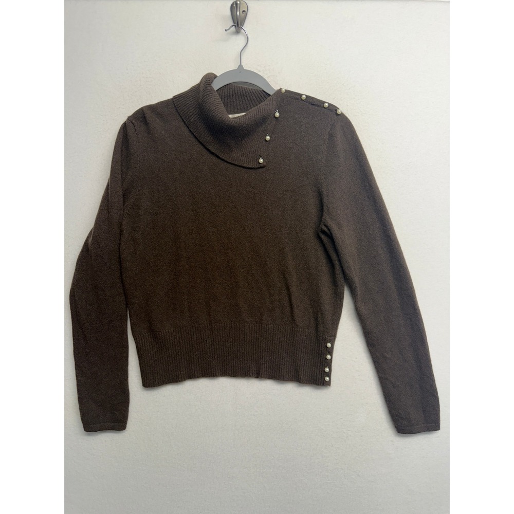 Mainbocher Pure Cashmere Brown Pearl Accent Asymmetrical Collar Sweater Large